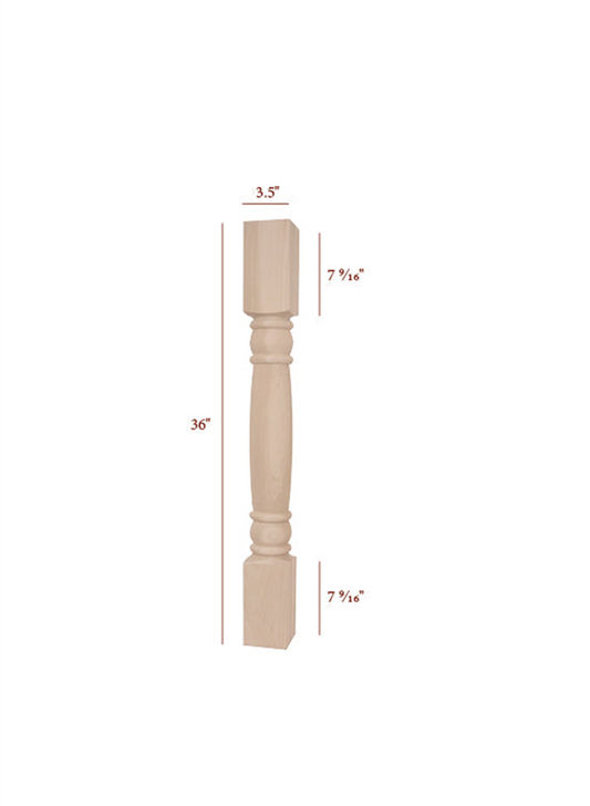 Turned Island Wood Post (Island Leg) 36" Tall x 3-1/2" Square