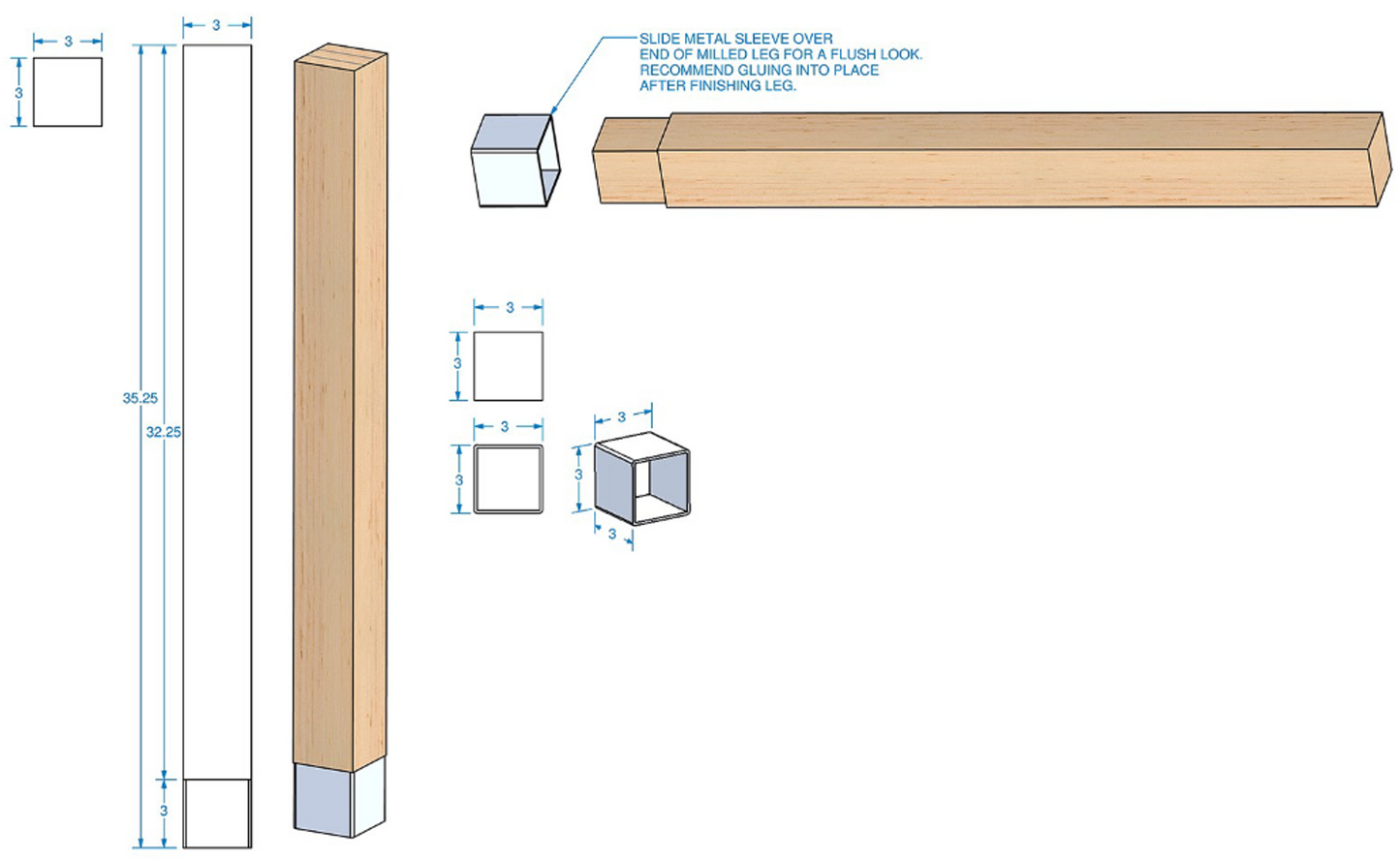 Square Leg with Metal Base 35-1/4" Tall x 3" Square