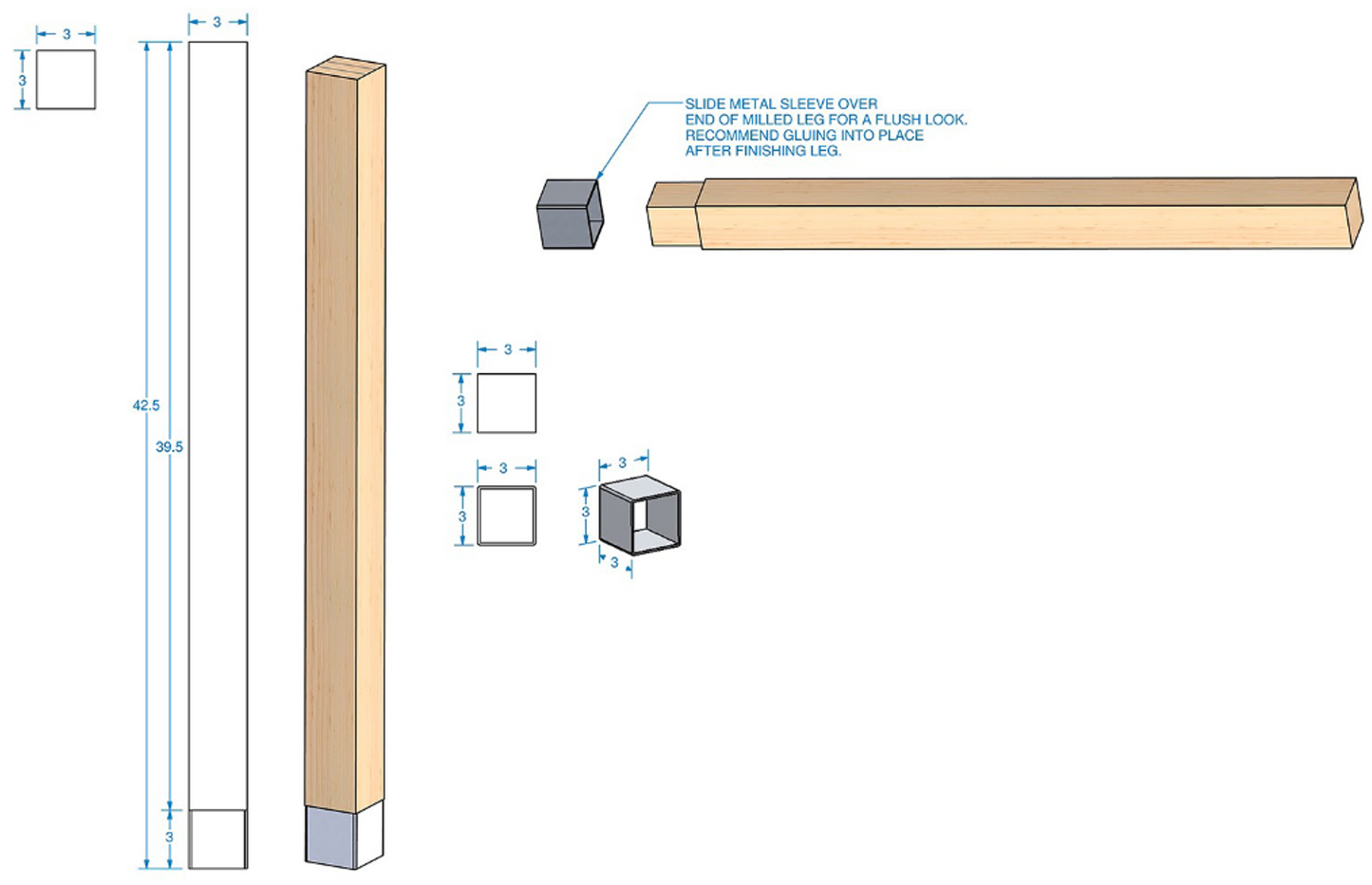 Square Leg with Metal Base 42-1/4" Tall x 3" Square