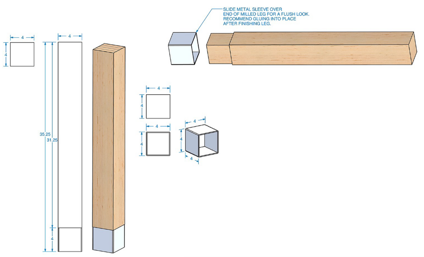 Square Leg with Metal Base 35-1/4" Tall x 4" Square